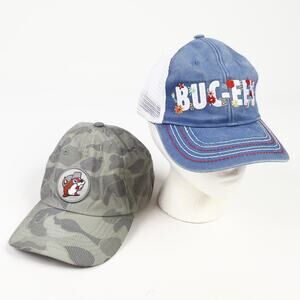 Pair of Buc-ees Womens H&L Hats Blue Floral Ponytail Trucker Green Camo